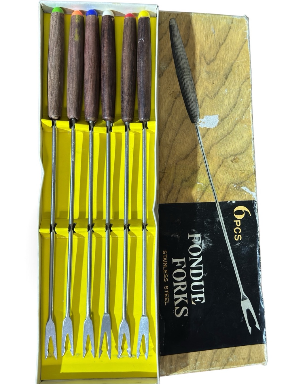 Vintage Japan Fondue Forks Set of 6 Wood Handles Colored Tips Original Box